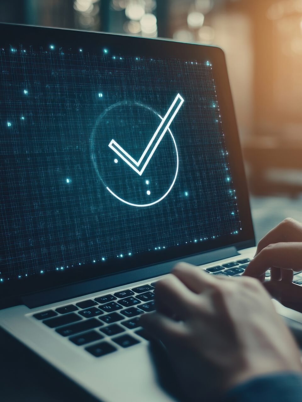 Closeup of a pair of hands typing on a laptop that has a large white checkmark in a circle on the screen.