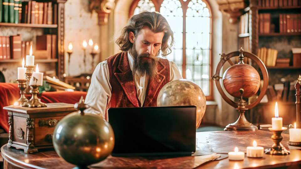 Old-timey natural philosopher in a red vest with grey hair and beard studying globes, but with an anachronistic laptop on his desk, representing the extraordinary article retention users get with Newshosting.