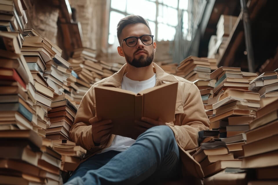 A man in jeans, a suede jacket, and a white t-shirt is sitting amongst a pile of books and reading one of them.