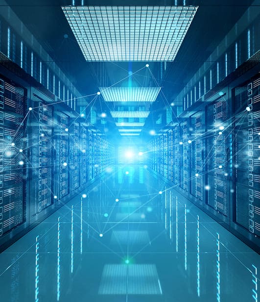 A photo looking down a corridor with server stacks on their side, lit with a blue light at the end. A network of white lines connecting at white dots is overlaid on the rest of the image.