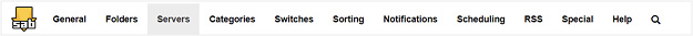 The SABnzbd settings screen menu is shown with the Servers tab highlighted.